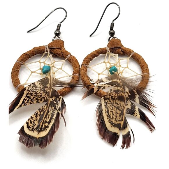 Native American Leather Strap Dream Catcher Earrings Turquoise feathers 3in - Picture 2 of 3